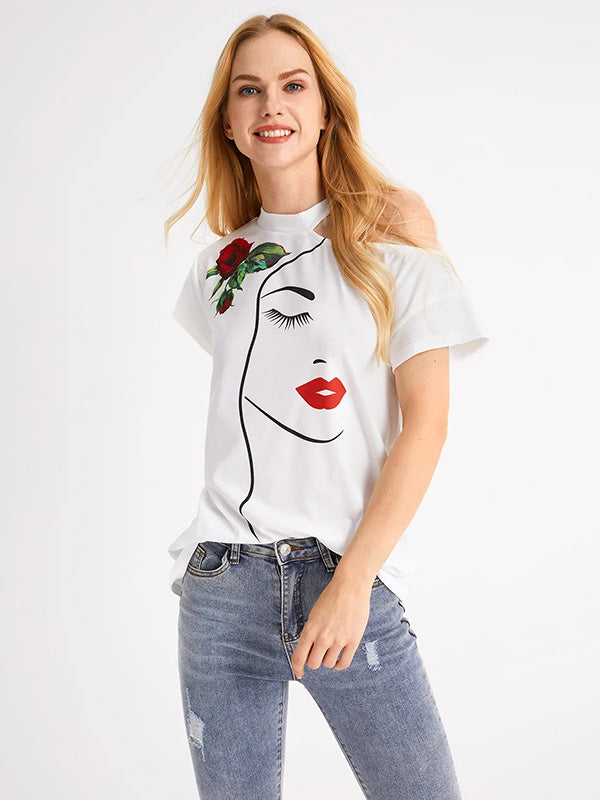 Original One-Shoulder Floral Face Printed T-Shirt Top