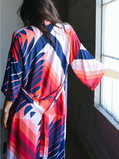 Printed Short Sleeves Belt Cover-Ups Swimwear