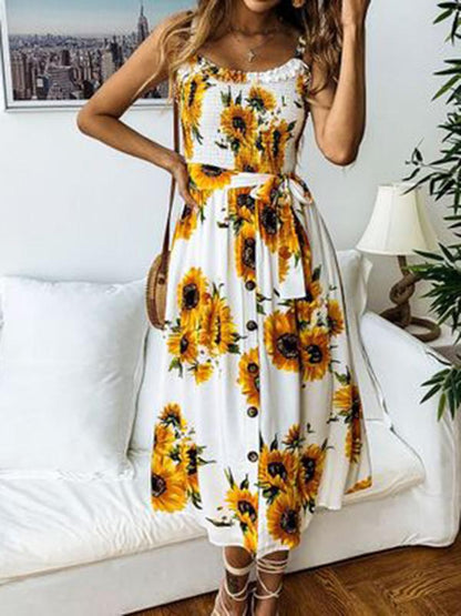 Sunflower Floral Spaghetti-neck Midi Dress