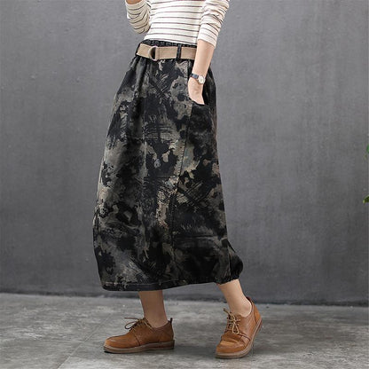 Buykud Literary Abstract Printed Casual Loose Skirt