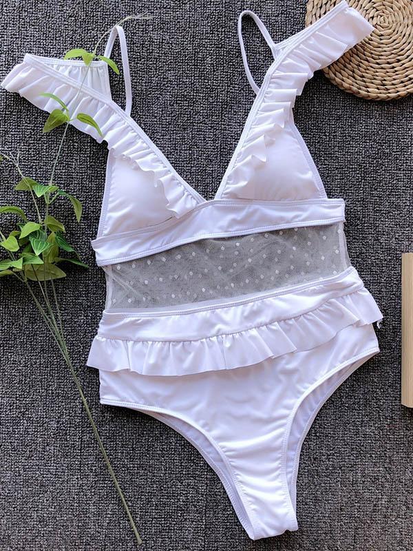 V-neck Falbala Gauze One-piece Swimwear