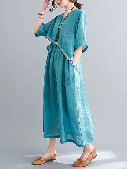 Artistic Retro Solid Color Split-Joint Pleated Tied Embroidered Half Sleeves V-Neck Midi Dress