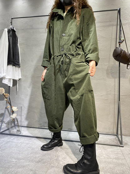 Fashion Long Sleeves Lapel Solid Color Jumpsuits