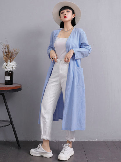 Simple Ramie Cotton Solid Color Long Sleeves Long Outerwear
