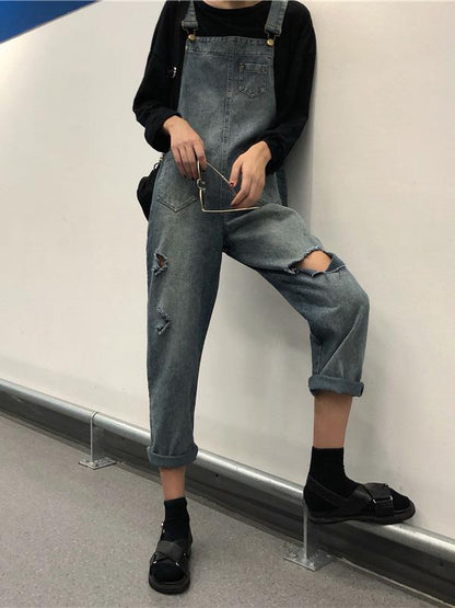 LOOSE DENIM BLUE HOLLOW JUMPSUITS
