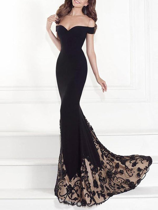 Lace Off-the-shoulder V-Neck Evening Dress
