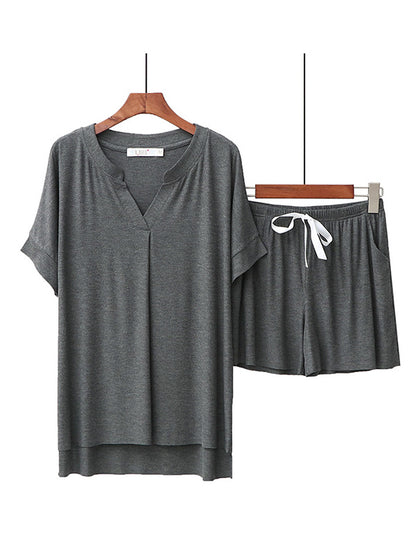 Casual Loose Solid Color Split-Joint Pleated V-Neck T-Shirt&Drawstring Shorts Pajama Set