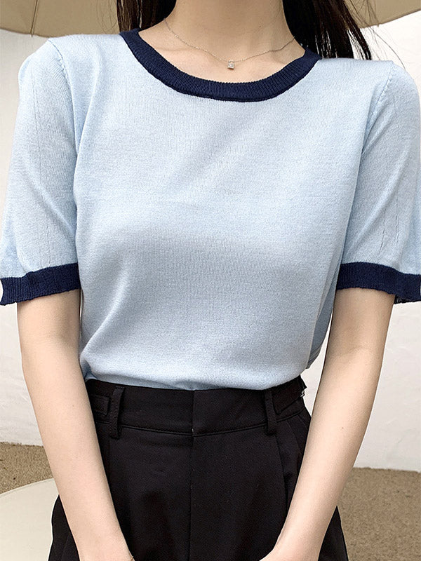 Casual Knitting Round-Neck Contrast Color T-Shirts Tops