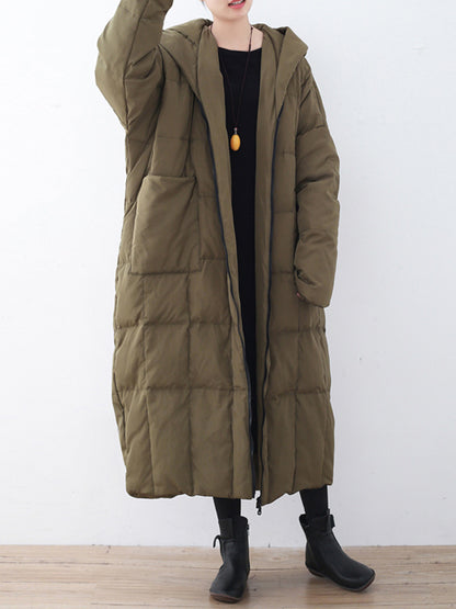 Simple White Duck Down Over Knee Solid Color Zipper Hooded Down Wear Coat