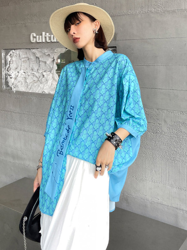 Stylish Split-Joint Printed Stand Collar Tie Short Sleeves Blouses