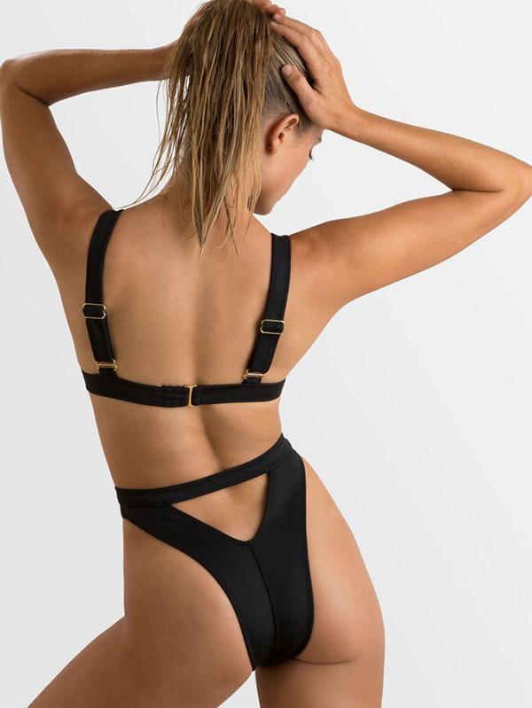 Solid Color Triangles Split Bikini Swimsuit