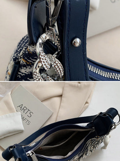 Original Chic Plaid With Chain&Scarf Zipper Canvas Shoulder Bag