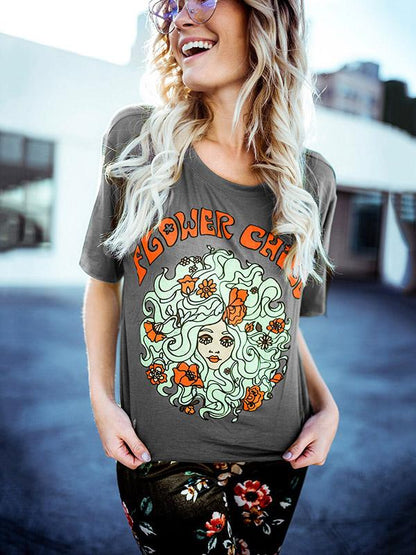 Simple 2Color Flower Child Printed T-Shirts Tops