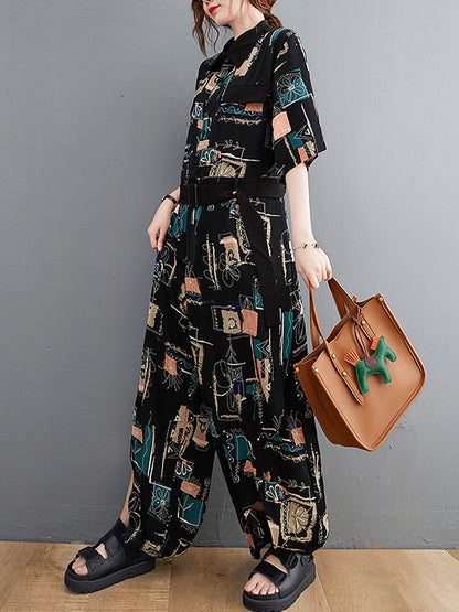 Stylish Printed Belted Split-Side Lapel Short Sleeves Loose Jumpsuits