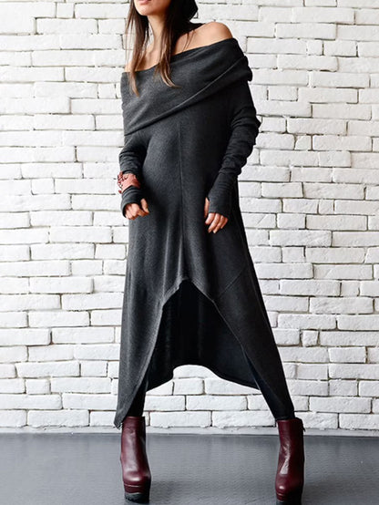 Casual Irregular Clipping Solid Color High-Low Off-The-Shoulder Long Sleeves Midi Dress