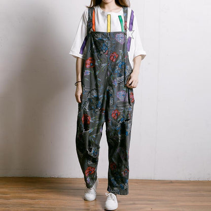Birds And Flowers Printed Adjustable Strap Jumpsuit