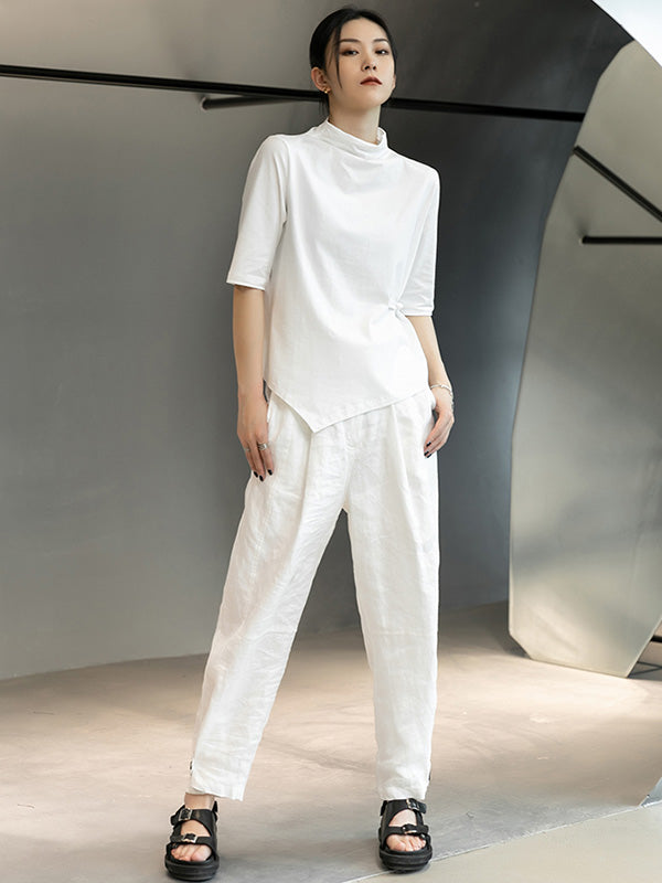 Simple White Stand Collar Half Sleeve Asymmetric T-Shirt