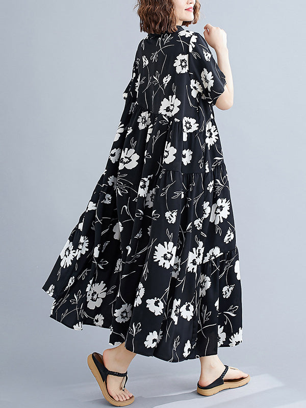Artistic Retro Loose Floral Printed Pleated Midi Dress