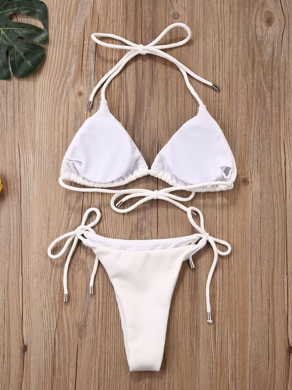 Solid Color Bandage Triangle Split Bikini Swimsuit