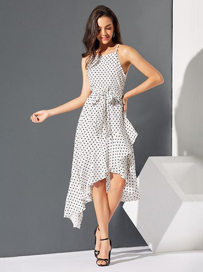 Polka-Dot  Printed  Irregular Hem  Sleeveless Midi Dress