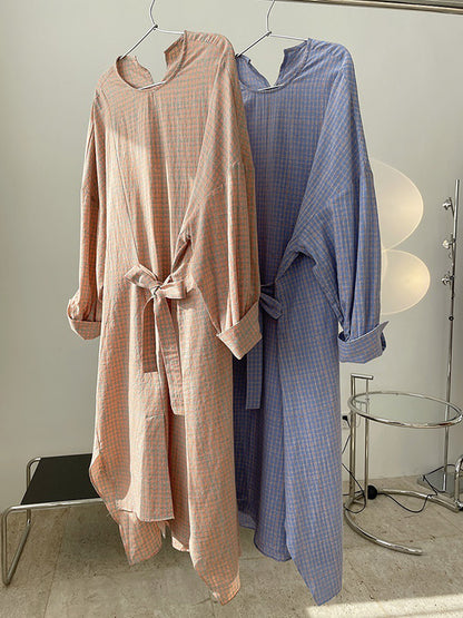Urban Asymmetric Plaid Round-Neck Batwing Sleeve Shirt Dress