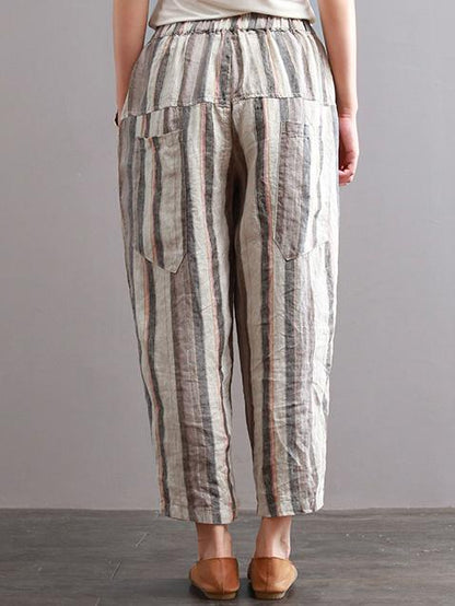 Ramie Cotton Vintage Striped Harem Linen Pants