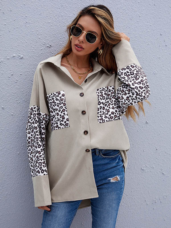 Casual Split-Joint Leopard Buttoned Lapel Collar Long Sleeves Blouse Outwear