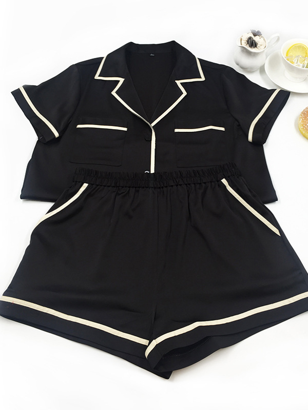 Casual Ice Silk Solid Color Notched Collar Short Sleeves Shirts& Shorts Pajama