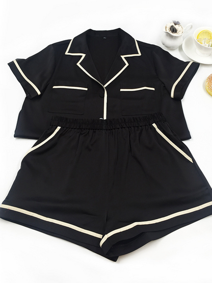 Casual Ice Silk Solid Color Notched Collar Short Sleeves Shirts& Shorts Pajama