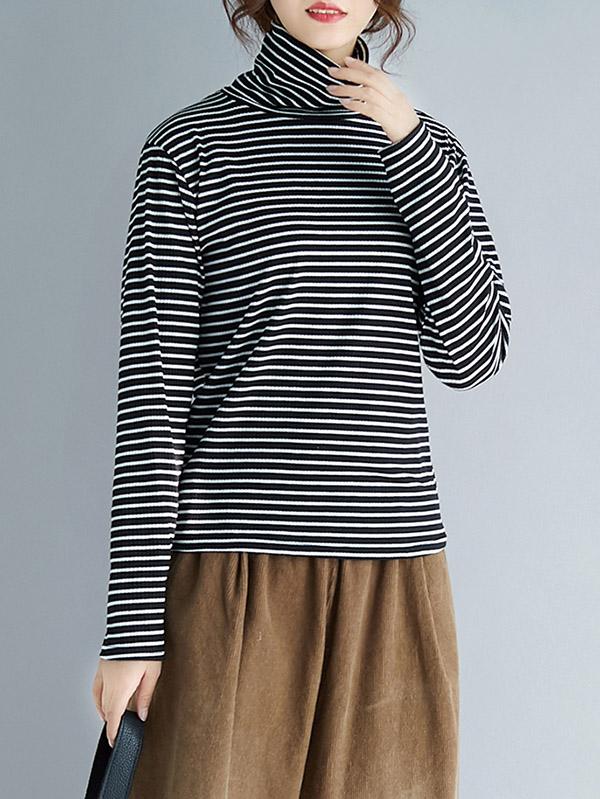 Comfortable Striped High-neck T-shirt