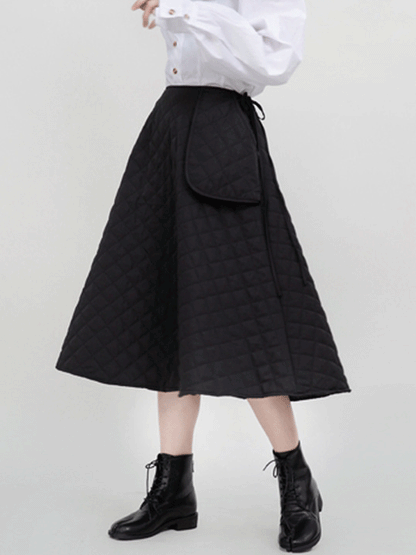 Black Vintage Rhombic Bandage Split-Joint Large Pocket A-Line Skirt