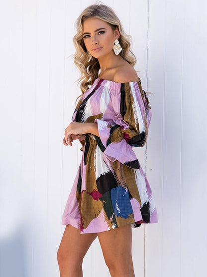Off-the-shoulder Printed Flared Sleeves Mini Dress