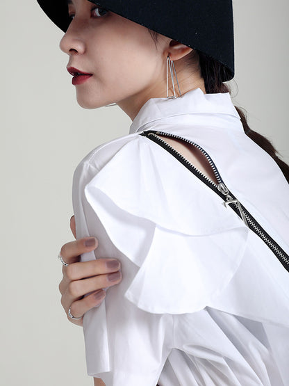 Stylish Irregular Split-Joint Falbala Buttoned Lapel Collar Short Sleeves Midi Dress