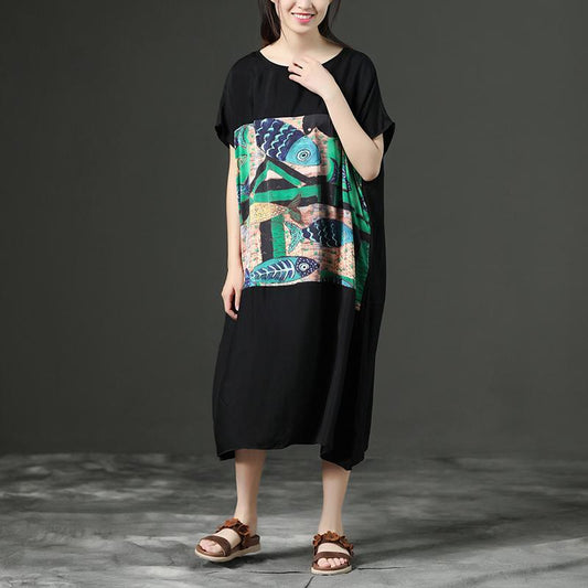 Black Printing Loose O-Neck Casual Dress
