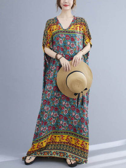 Vacation Flower Print V-Neck Batwing Sleeve Maxi Dress