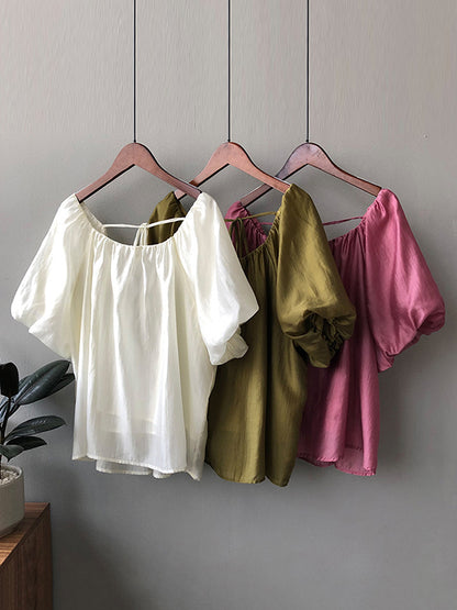Urban Loose Solid Color Puff Sleeves Off-The-Shoulder T-Shirt
