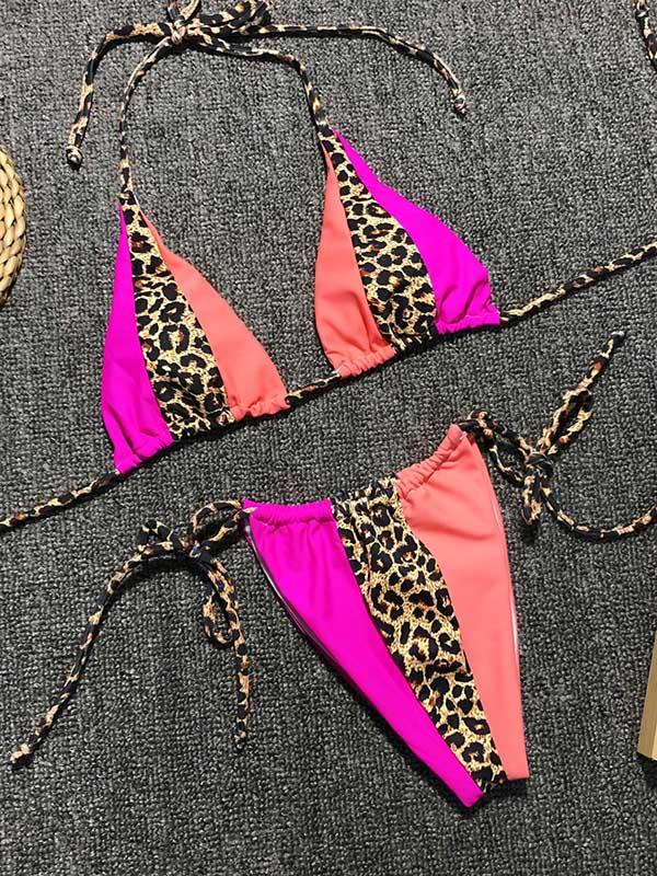 Split-Joint Leopard Lace-Up Bikinis Swimwear