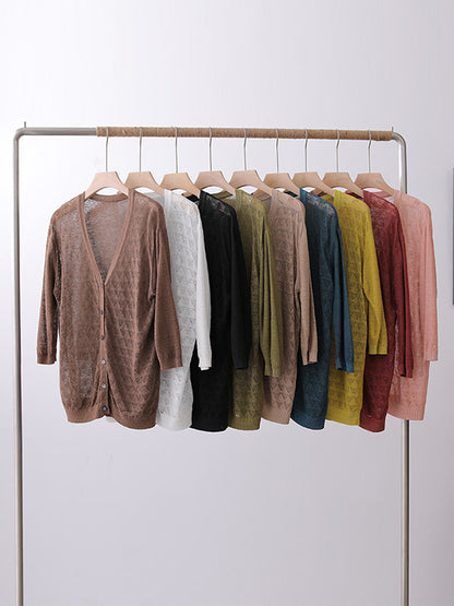 Loose Solid Color Linen Hollow Knitting Cardigan Top