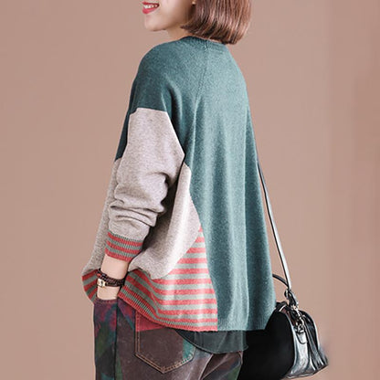 Buykud Multi-color Stitching Casual Pullover Autumn Sweater