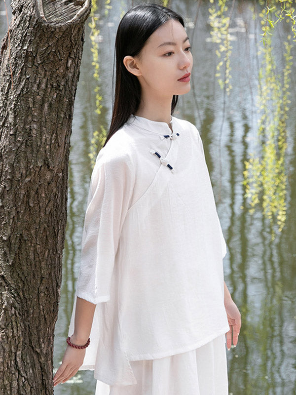 Vintage Tencel Buttoned Stand Collar High-Low Half Sleeves T-Shirt