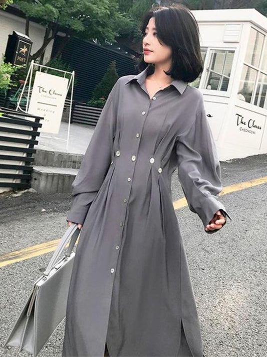 Loose Solid Split-side Fashion Shirt Midi Dresses