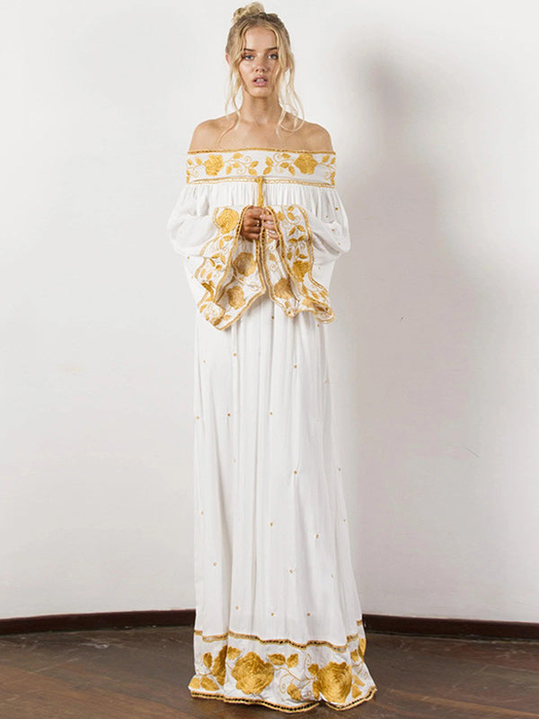 Vintage Embroidered Pleated Off-The-Shoulder Loose Maxi Dress