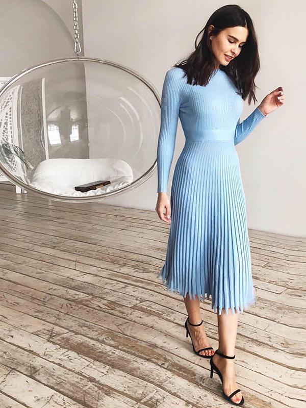 Solid Long-Sleeves Midi Dress