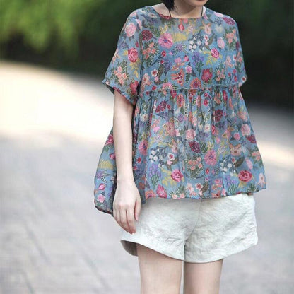 Floral Round Neck Short Sleeve Blouse