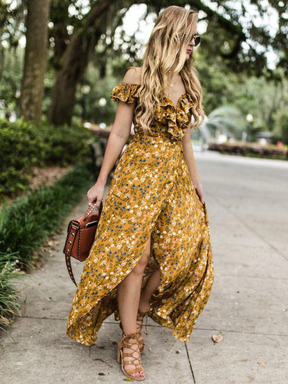 Spaghetti-neck Falbala Floral Maxi Dress