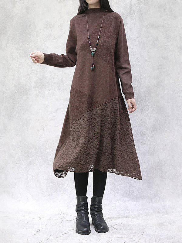 Artistic Retro Solid Color Split-Joint Embroidered Hollow Lace Stand Collar Long Sleeves Knitted Sweater Dress