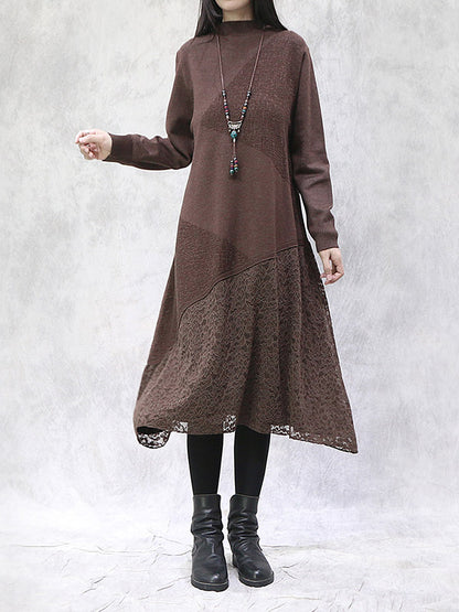 Artistic Retro Solid Color Split-Joint Embroidered Hollow Lace Stand Collar Long Sleeves Knitted Sweater Dress