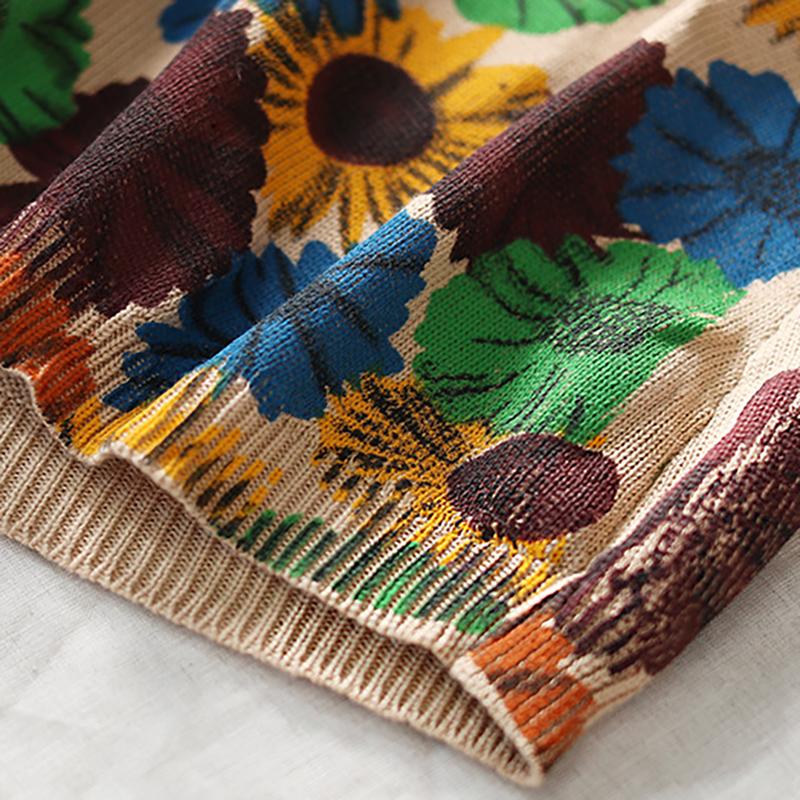 Casual Retro Floral Printed O-neck Knitted Shirt