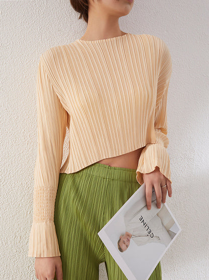 Loose Flared Sleeves Pleated Solid Color Round-Neck T-Shirts Tops