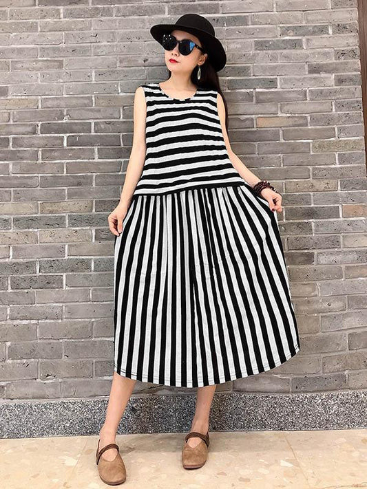 Striped Sleeveless Split-joint Dress